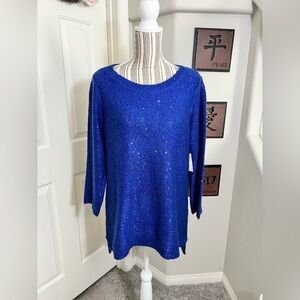 ANN KLEIN NWT $89 blue glitter knitted scoopneck hi-low sweater/dress XL